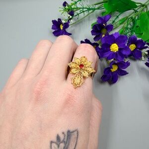 Vintage Gold Plated Ornate Floral Ring with Red Crystal Accent